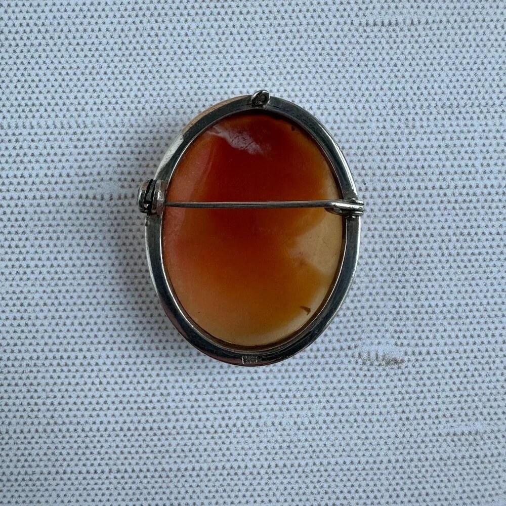 Vintage 800 Silver Shell Cameo Brooch Pendant - Picture 13 of 14